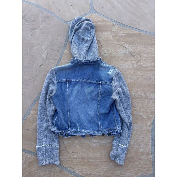 Free People Distressed Denim & Knit Sweater HOODIE Jacket S French Terry Gray - Picture 5 of 9